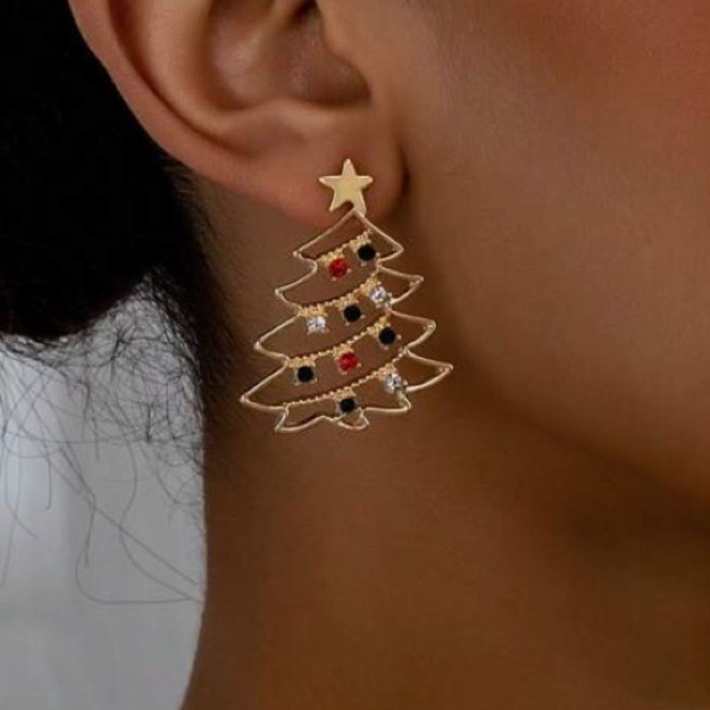 3for$20 1pair Fashionable Hollowed-Out Rhinestone Christmas Tree Metal Earrings